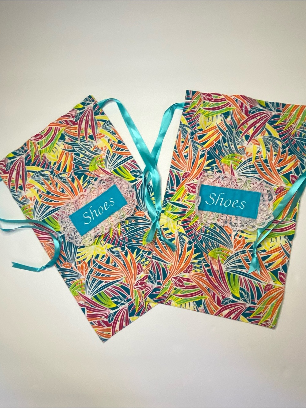 NWT Handmade Fabric Shoe Bags Set of 2 Tropical Drawstring Travel Organizer